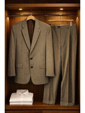 VTG Y2K Studio 0001 Ferre Barney's 42R Mens Wool Herringbone Suit Gray Italy